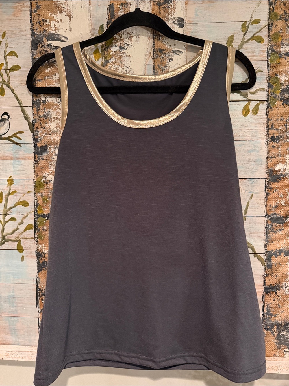 Sleeveless Dark Grey Tank Top with Gold Trim